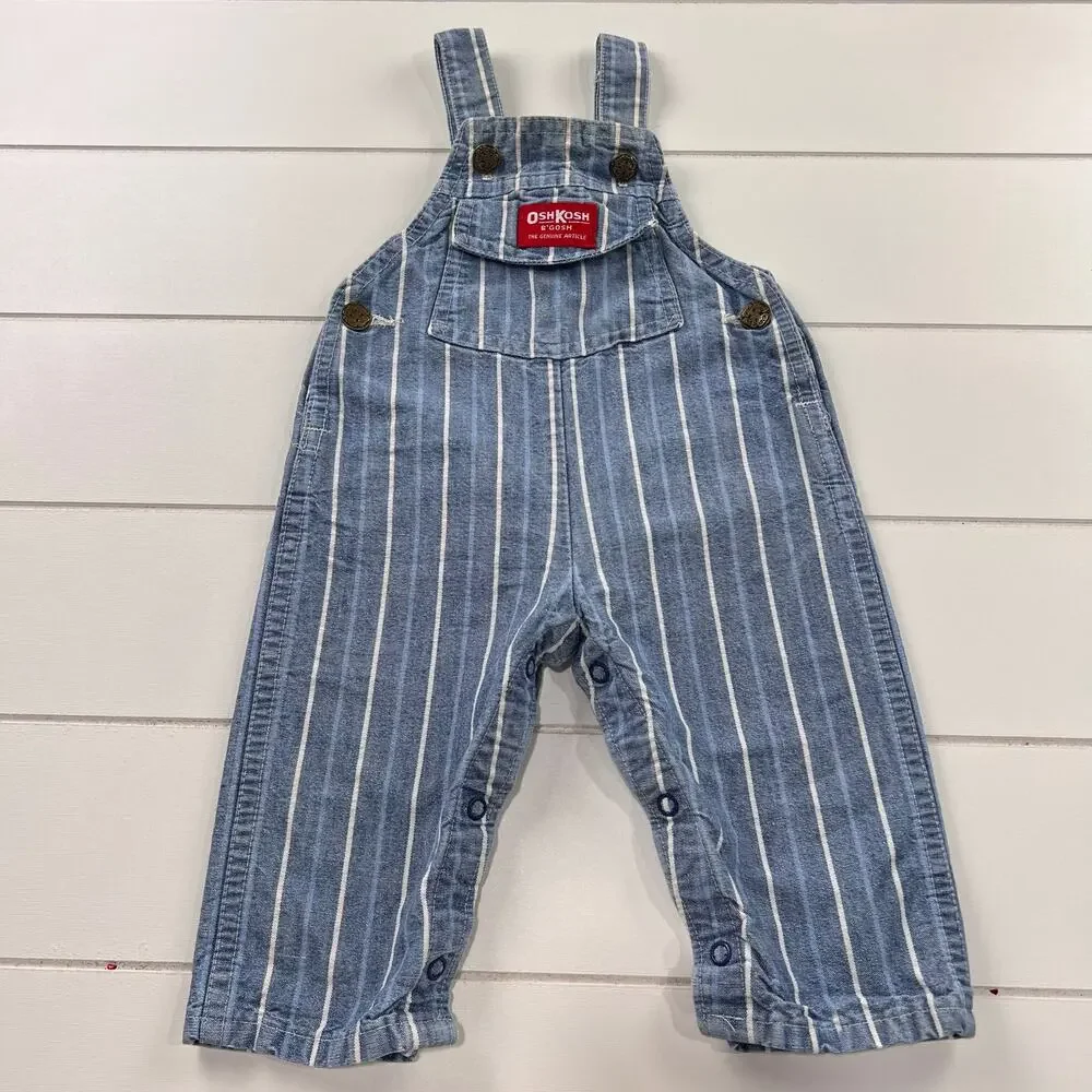 Oshkosh B’Gosh Vintage baby boys blue denim pin striped overalls size 12 Months